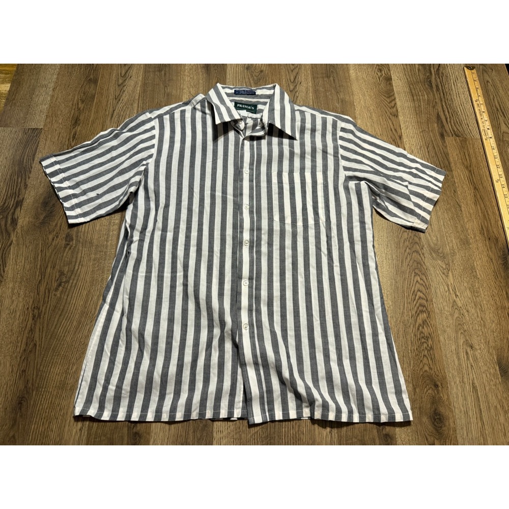 Prange's Shirt Mens Size L Gray Striped Button Up Short Sleeve Pocket Shirt